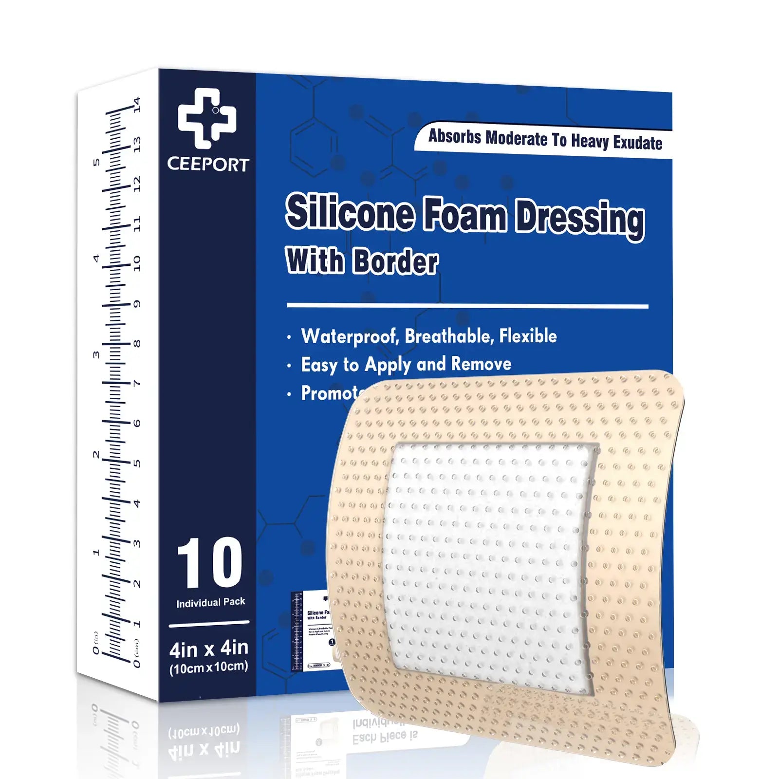 4x4in silicone foam dressing with border, waterproof, breathable, flexible