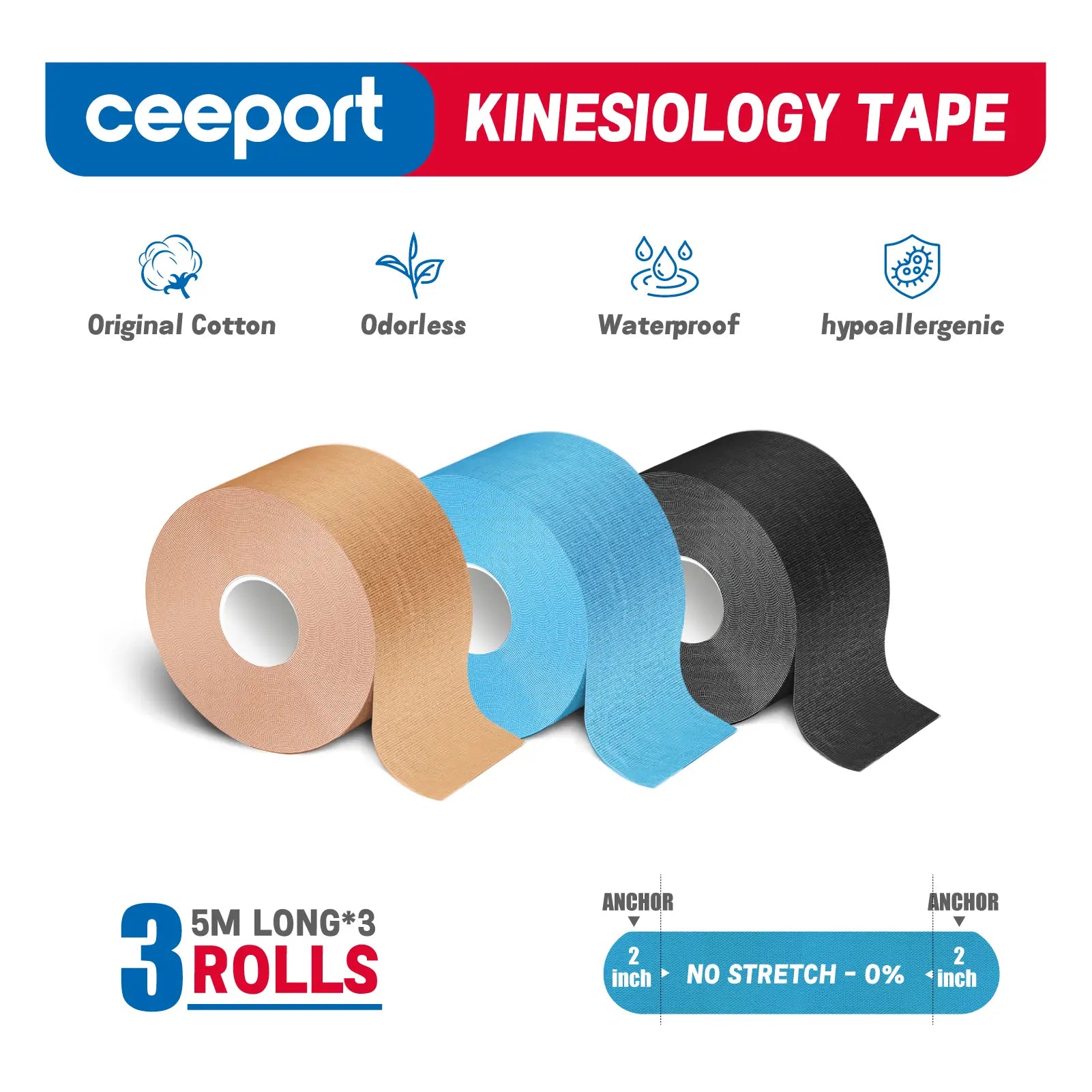 Kinesiology tape features hypoallergenic, odor-free, waterproof, and natural cotton material