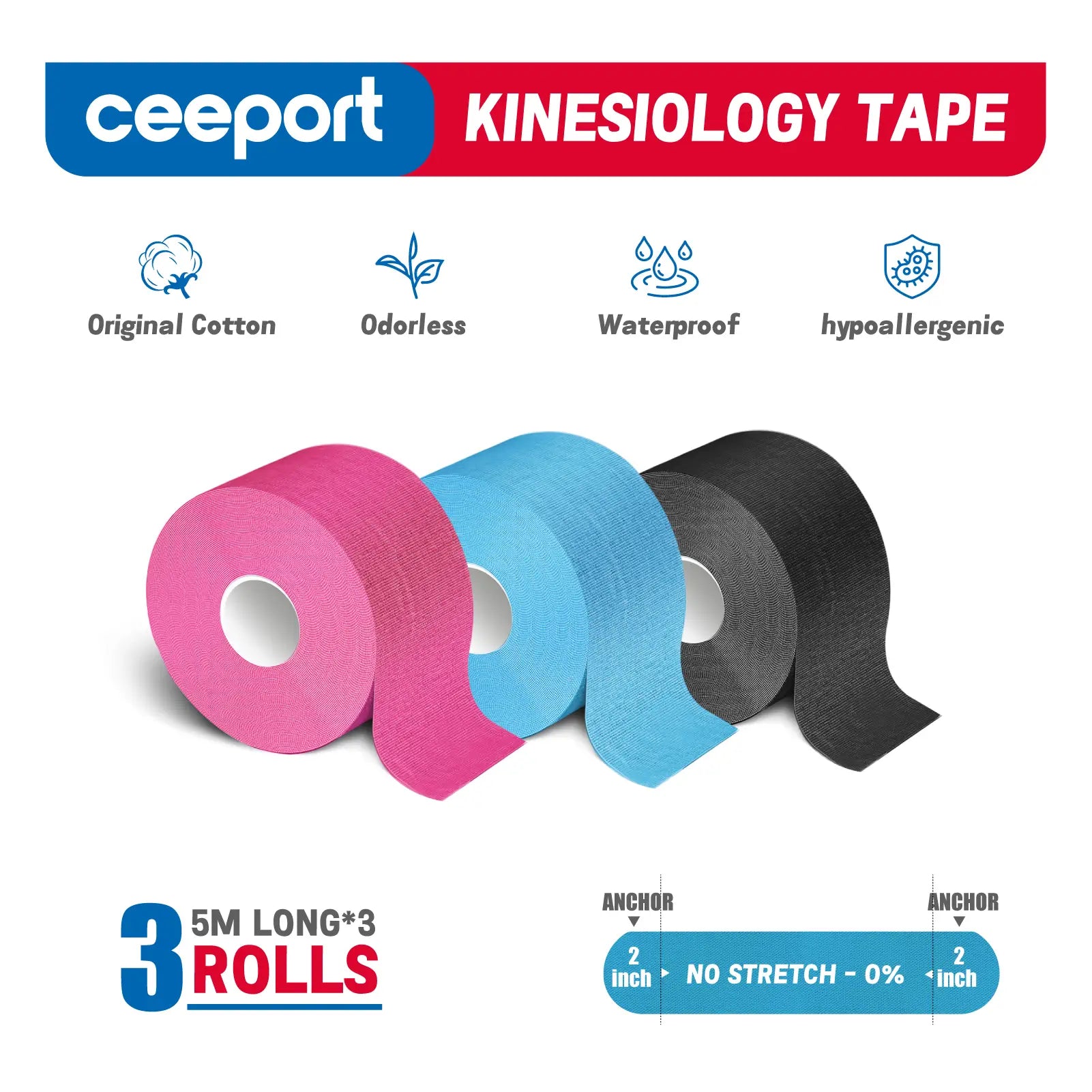 Kinesiology tape features hypoallergenic, odor-free, waterproof, and natural cotton material