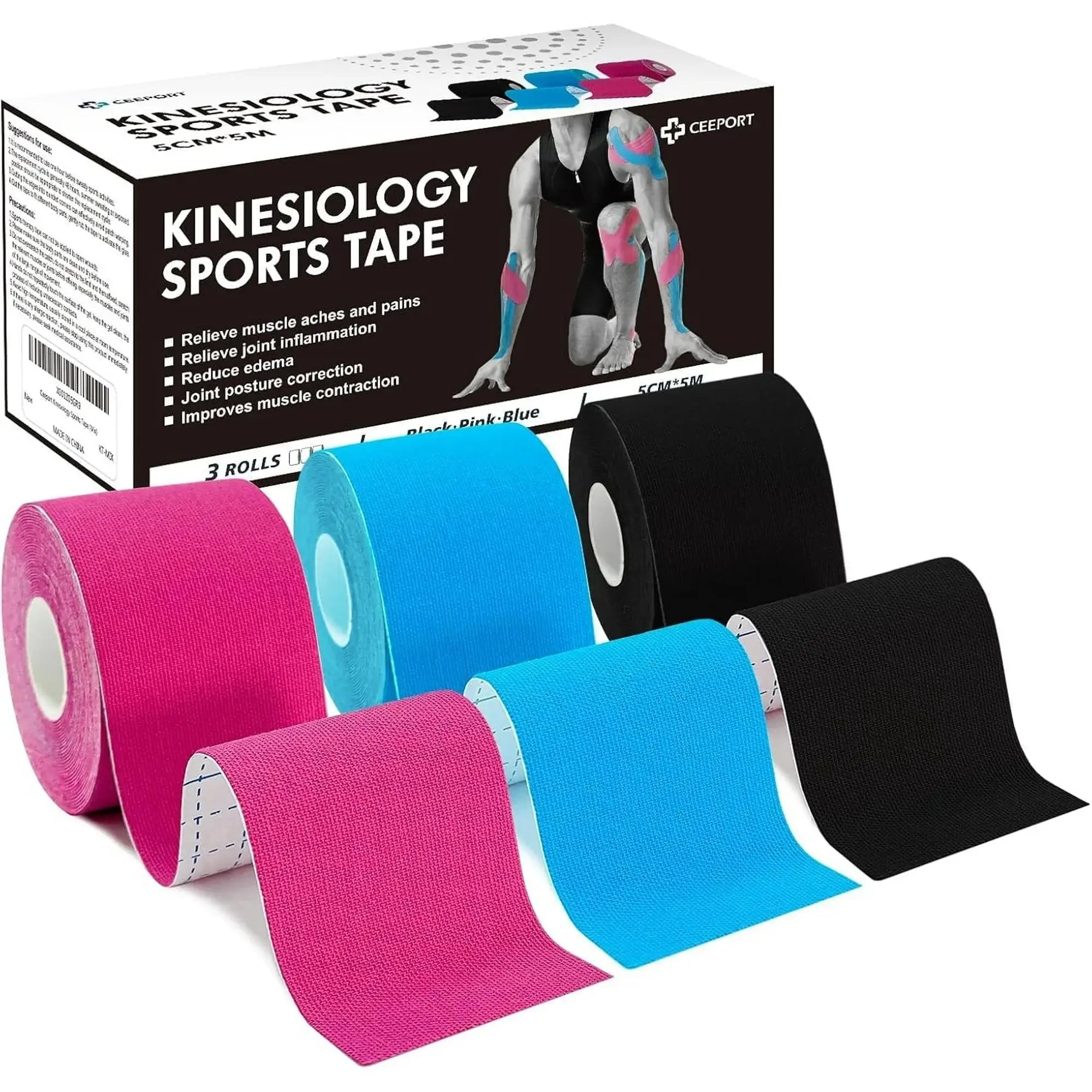 Ceeport kinesiology tape black pink blue color set