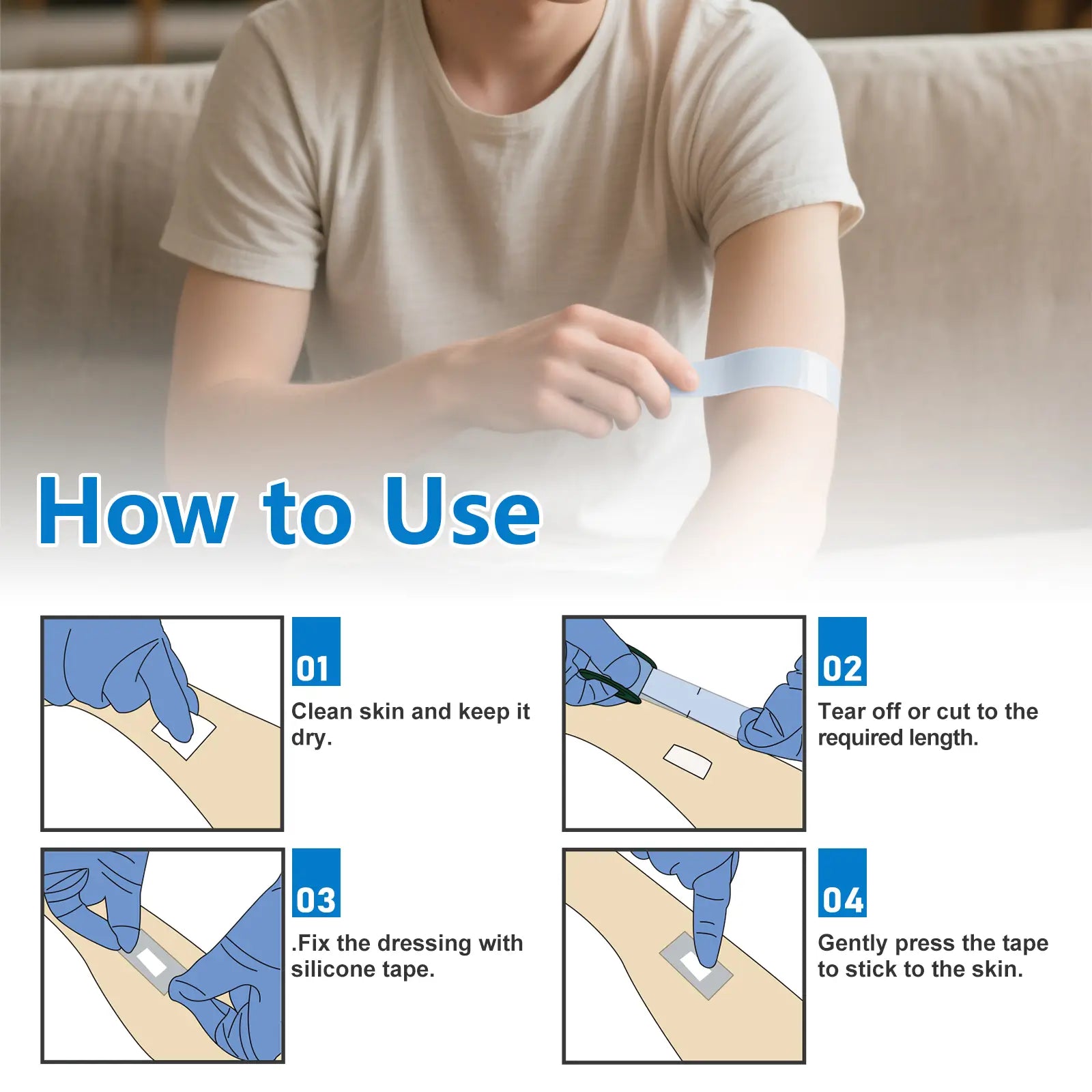 Silicone medical tape securing a wound dressing on skin