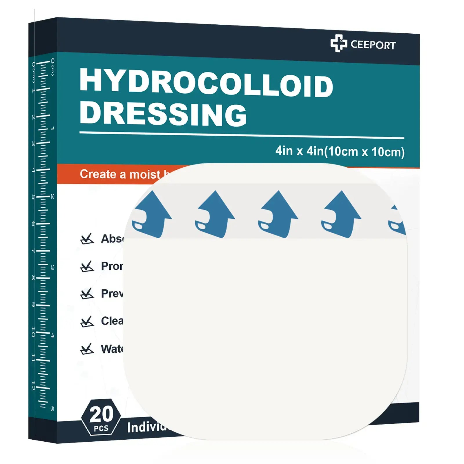 Front view of the hydrocolloid dressing, suitable for mild to moderate wound healing, with excellent absorbency and waterproof properties.