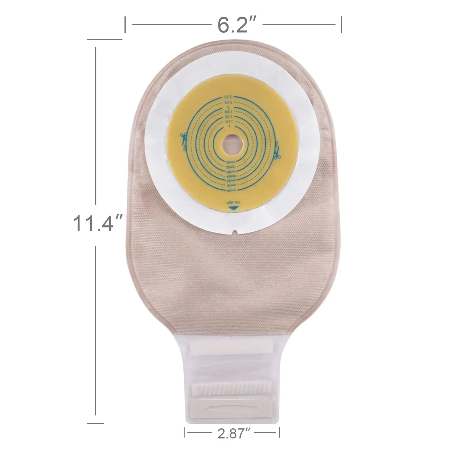 Size dimensions of one-piece ostomy pouch for stoma care and daily wear