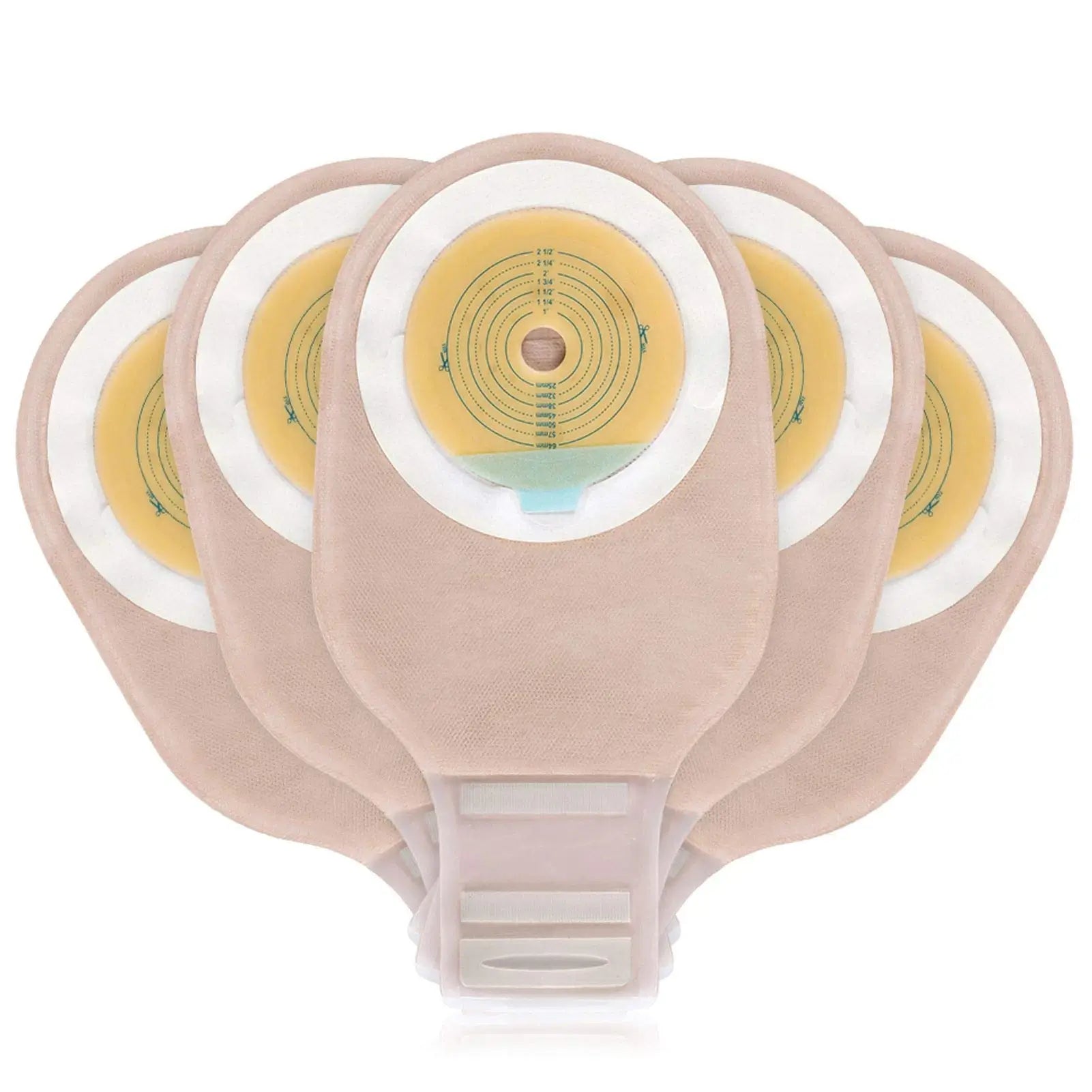 Front view of one-piece ostomy pouch with hook and loop closure