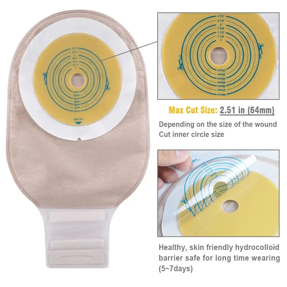 Close-up of one-piece ostomy baseplate with cutting guide and maximum stoma size indicators