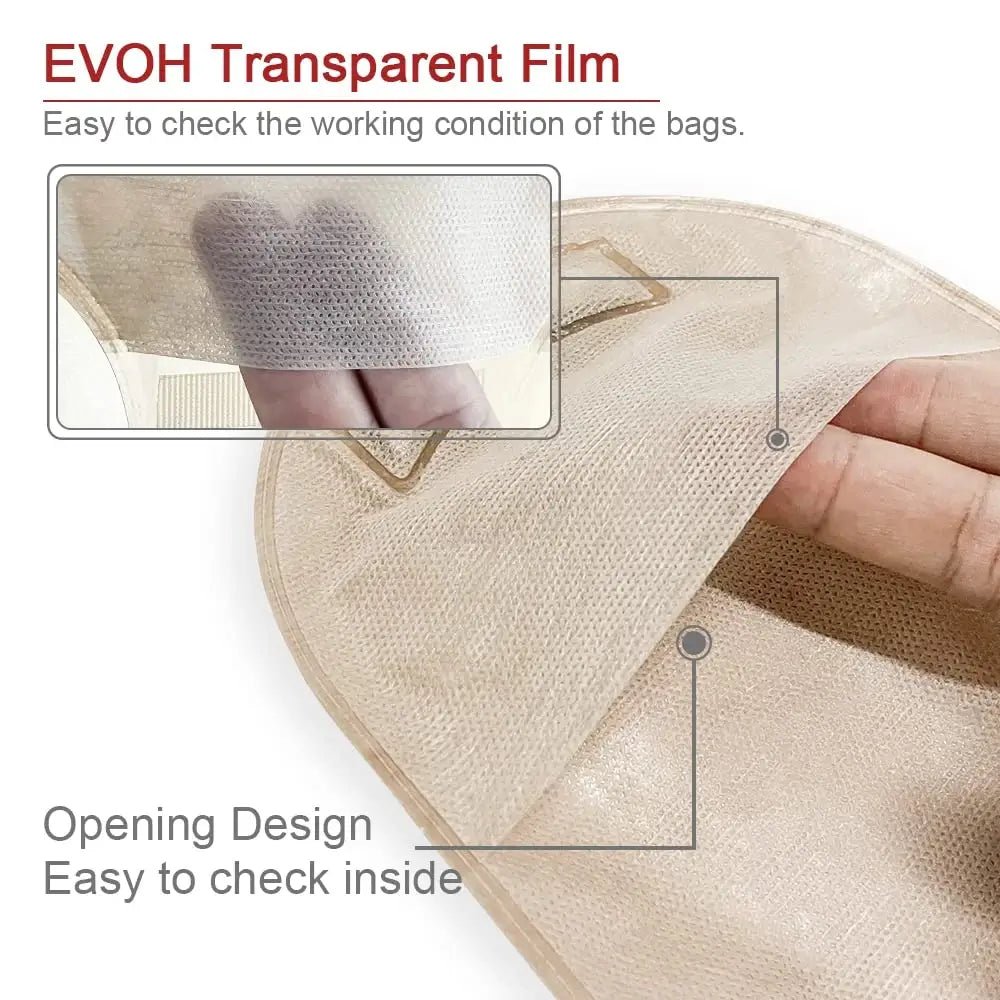 Fabric texture detail of one-piece ostomy pouch showing breathable non-woven material