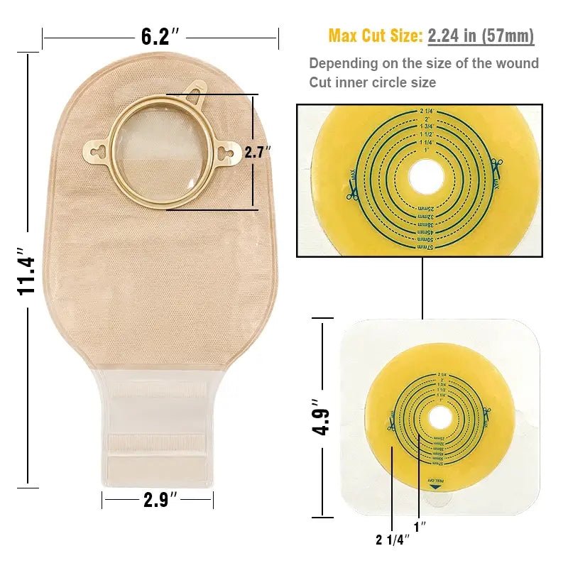 Close-up of two-piece ostomy baseplate with cutting guide and maximum cut size indicator
