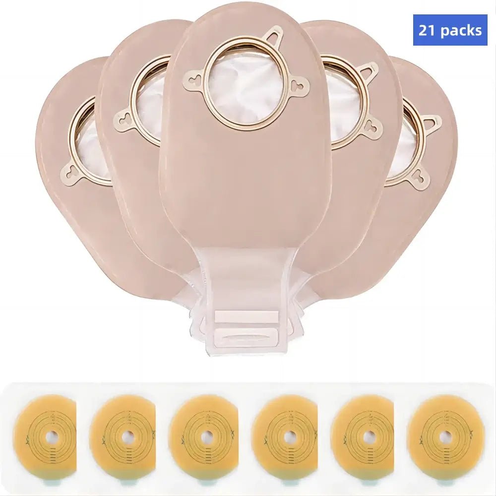 Front view of two-piece ostomy pouch with hook and loop closure system