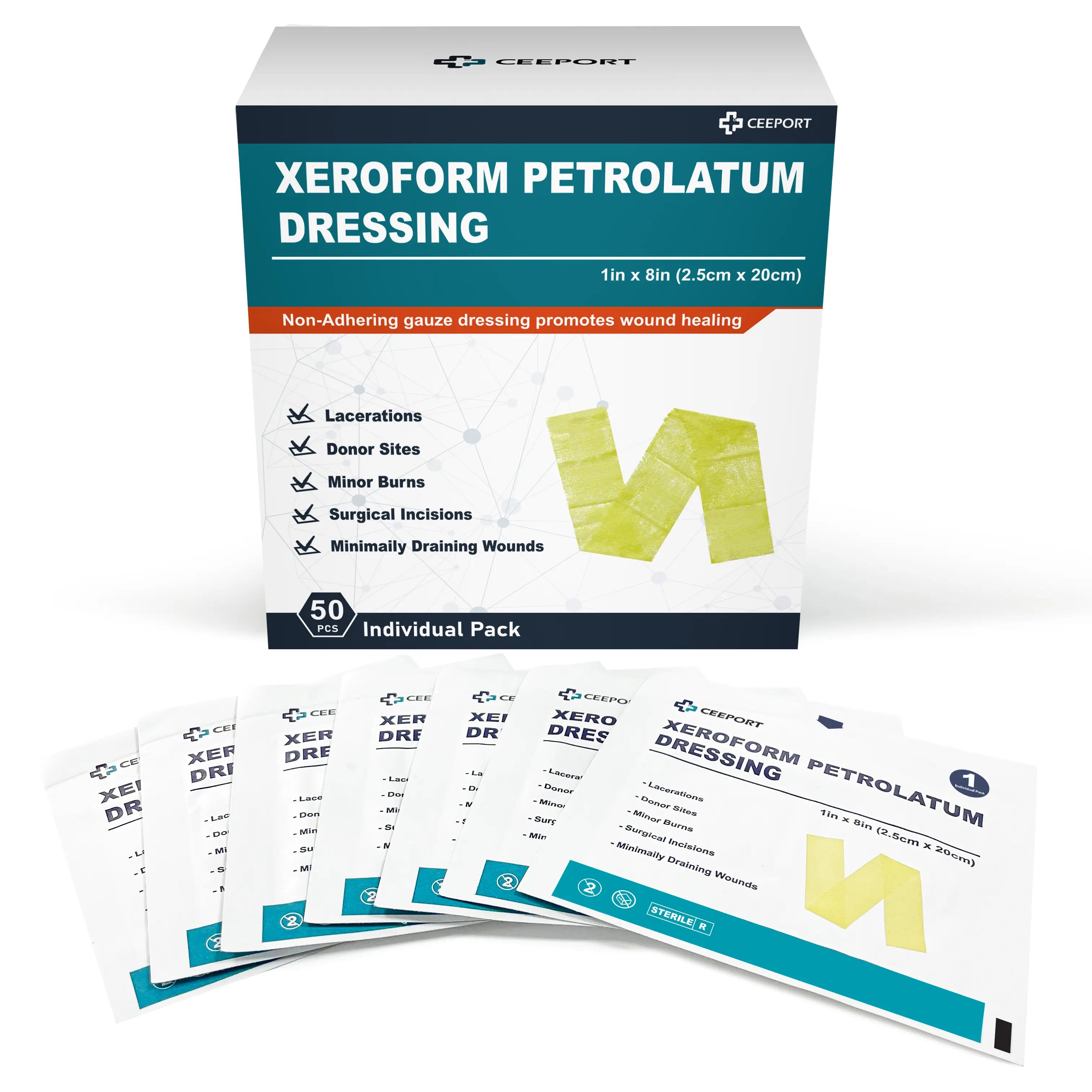 Xeroform petrolatum wound dressing providing moisture retention and soothing protection