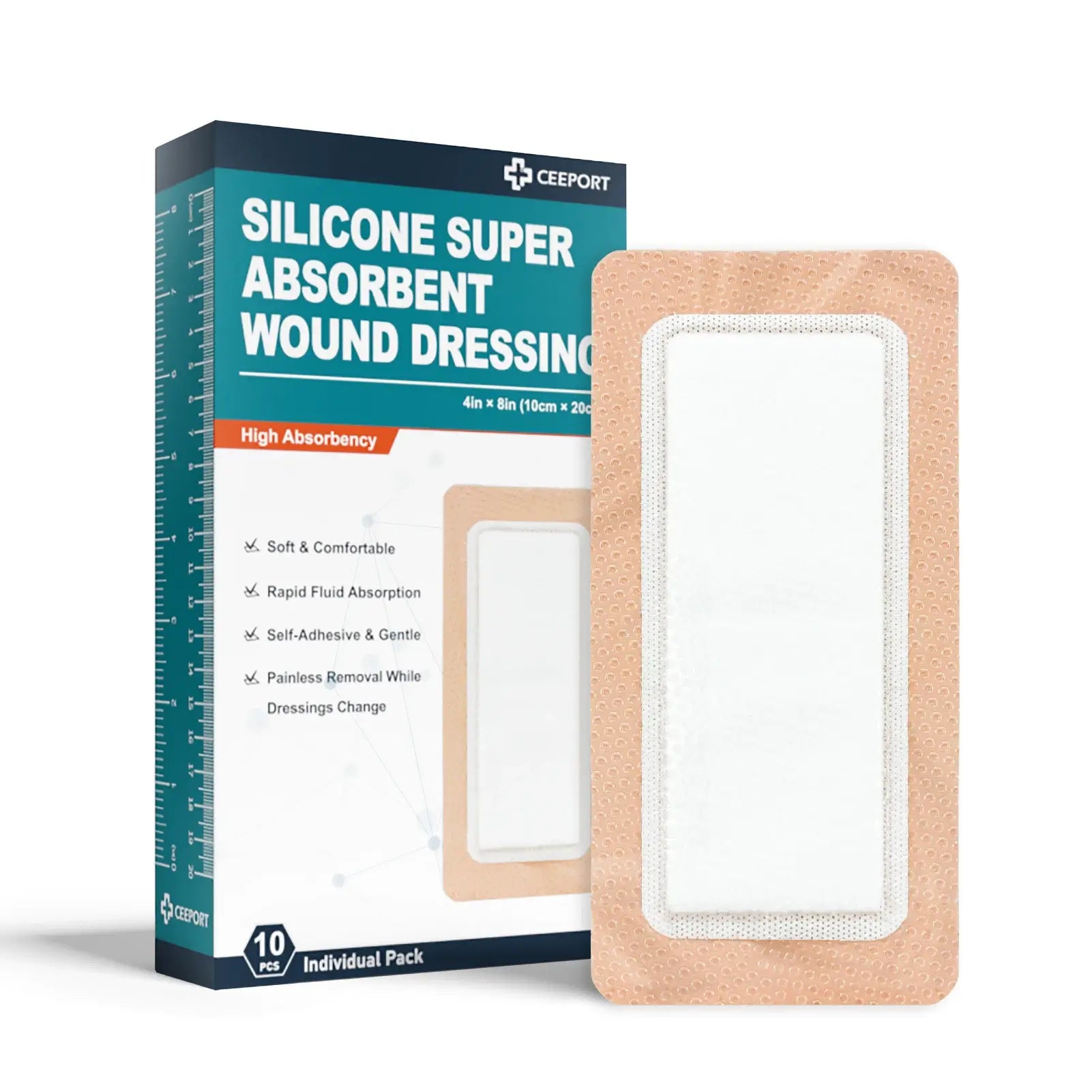 Silicone Super Absorbent Wound Dressing, 10 Pack, Self-Adhesive