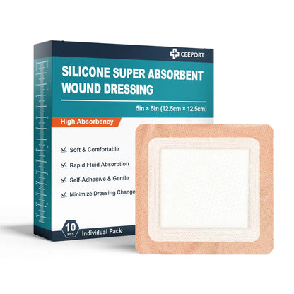 Silicone Super Absorbent Wound Dressing, 10 Pack, Self-Adhesive