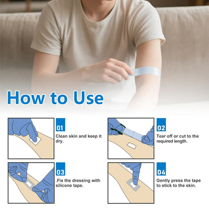 Silicone medical tape securing a wound dressing on skin