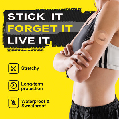 The CGM patch is waterproof, sweatproof, highly elastic, and provides long-lasting protection.