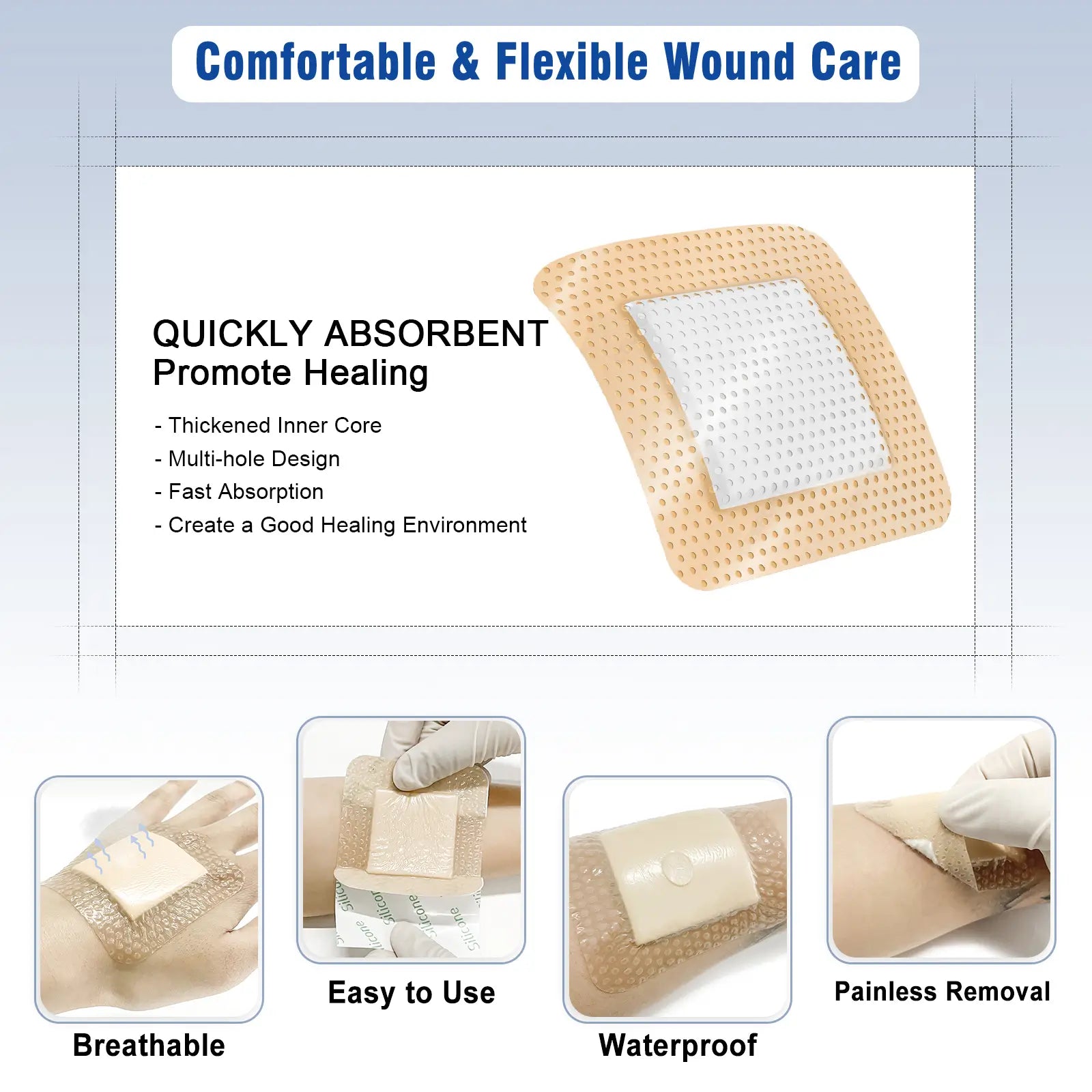 comfortable and flexible foam dressing, fast absorption, multi-hole design, thickened inner core