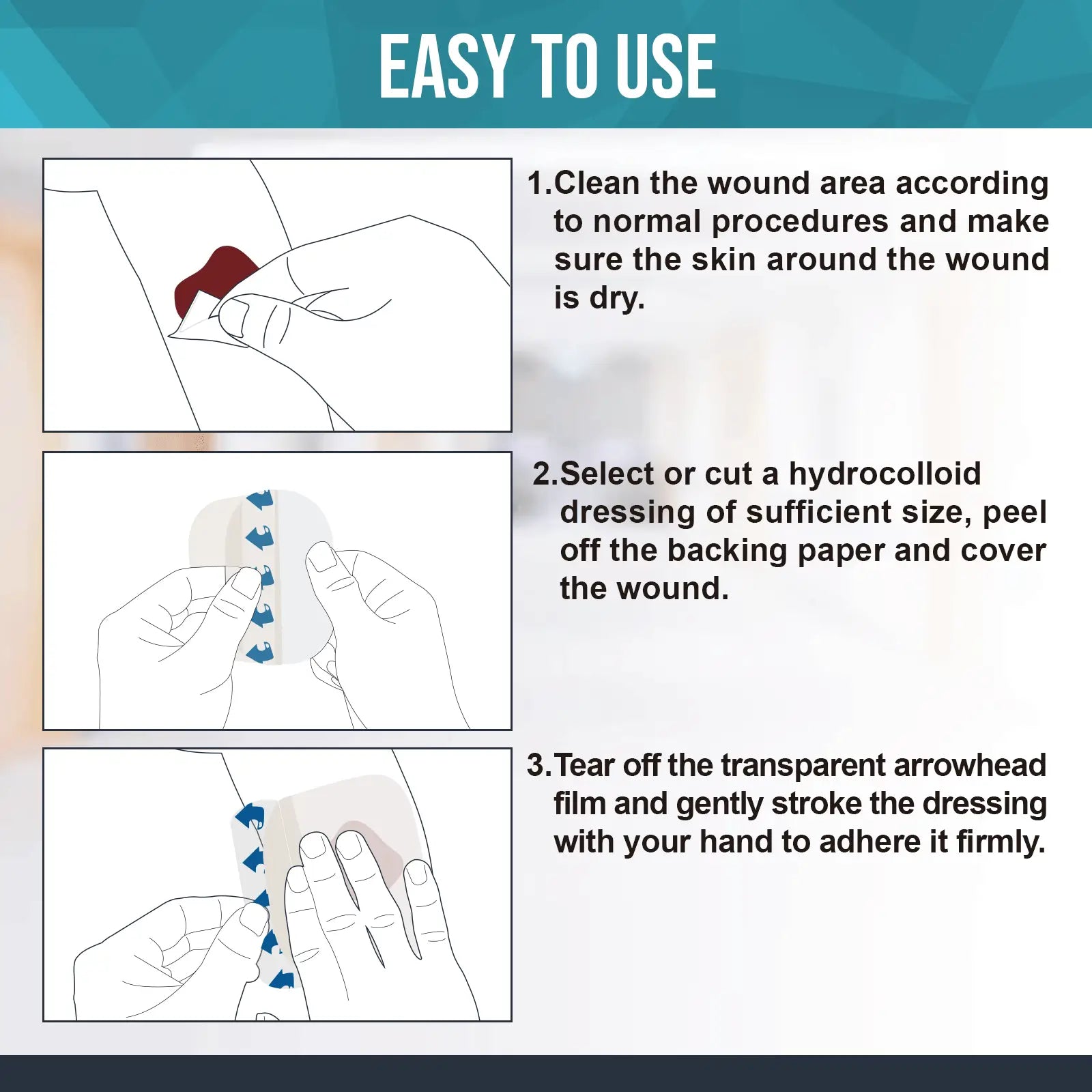 Demonstrates how to properly use hydrocolloid dressing, clean the wound, and easily apply it, suitable for daily care.