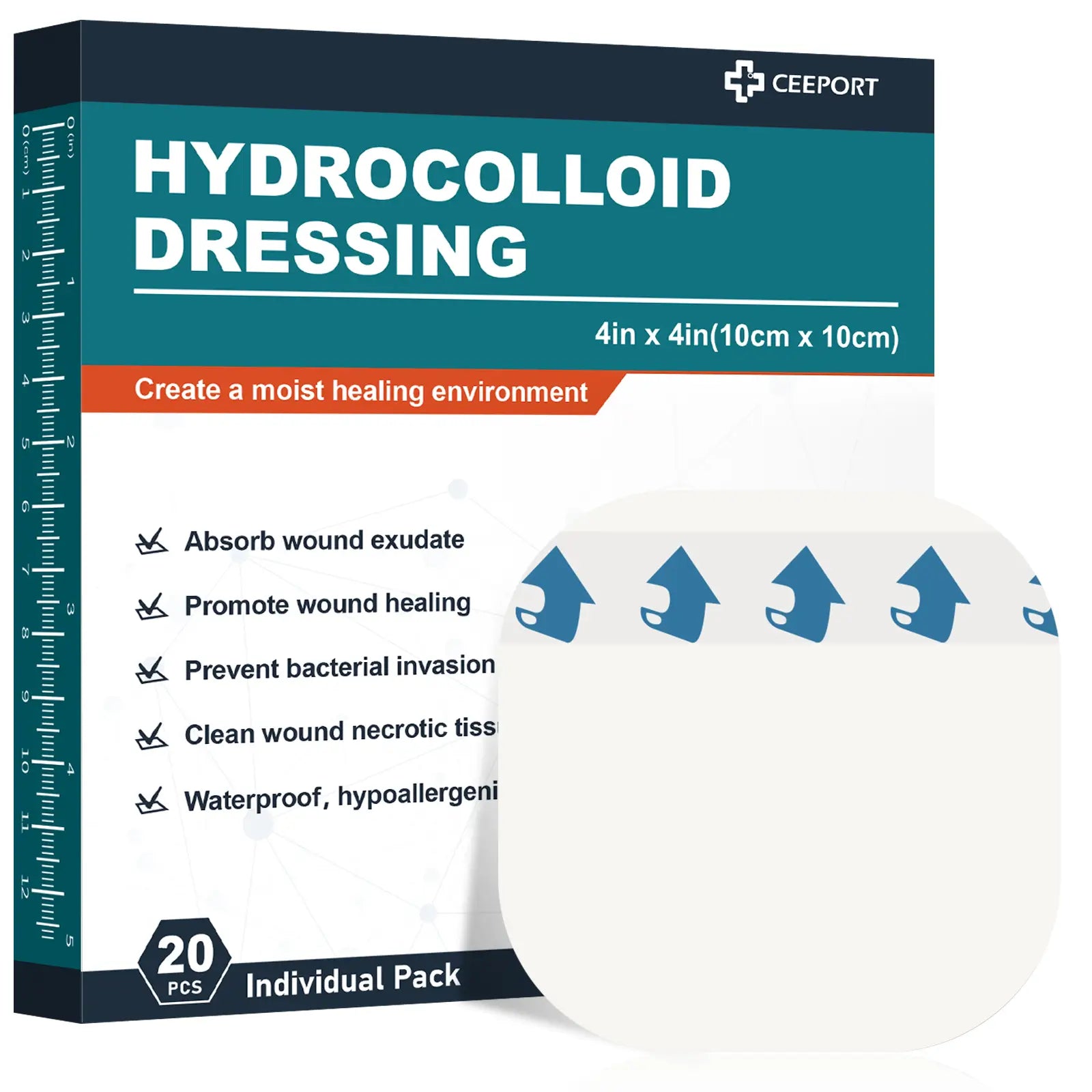 Front view of the hydrocolloid dressing, suitable for mild to moderate wound healing, with excellent absorbency and waterproof properties.