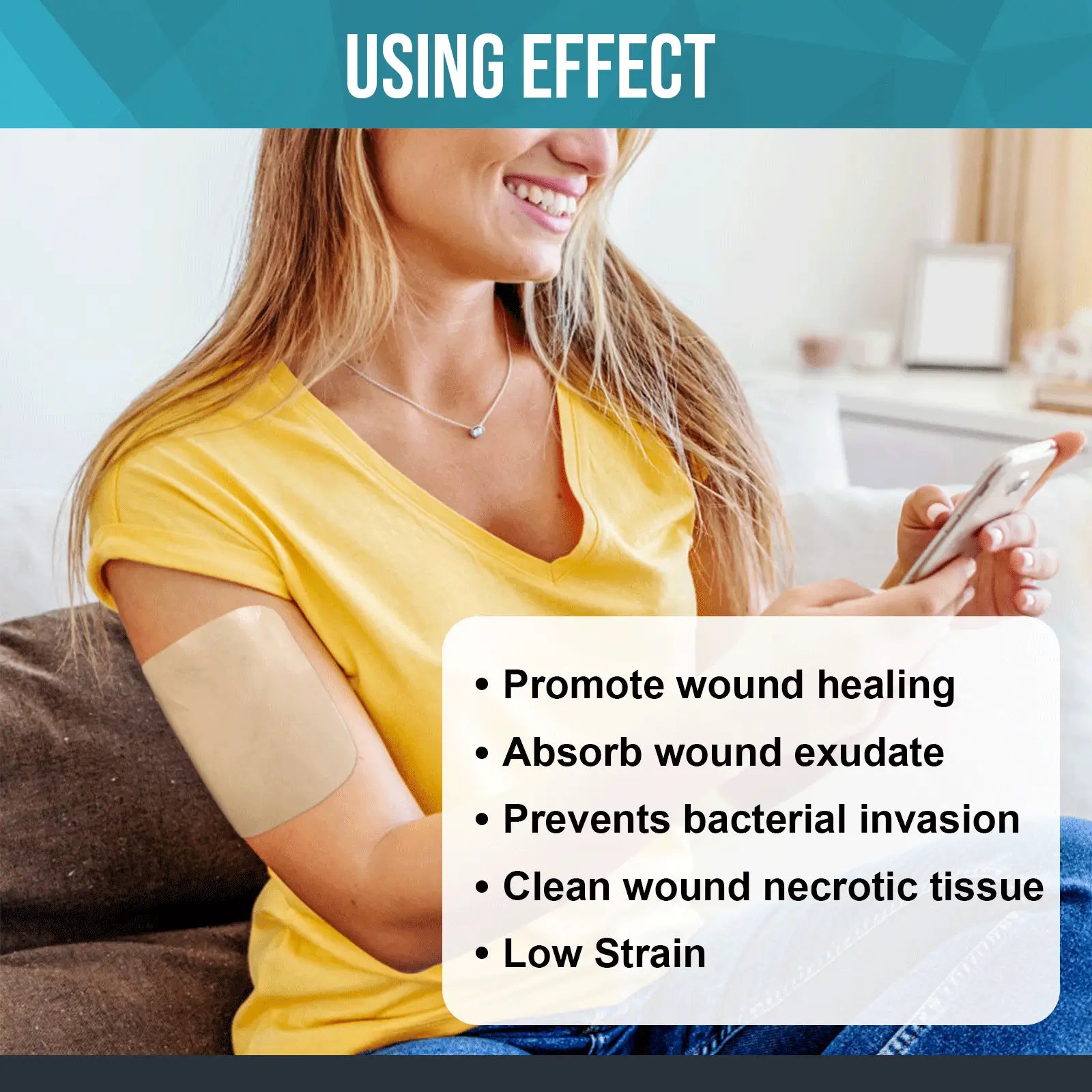 Shows the effect of hydrocolloid dressing in the healing process, promoting wound healing, reducing infection risks, and alleviating pain.