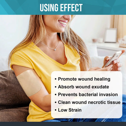 Shows the effect of hydrocolloid dressing in the healing process, promoting wound healing, reducing infection risks, and alleviating pain.