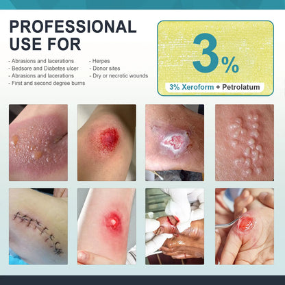 3% xeroform petrolatum dressing, professional use for abrasions and lacerations, bedsore, diabetes ulcer, first and second degree burns, herpes, donosites, dry or necrotic wounds