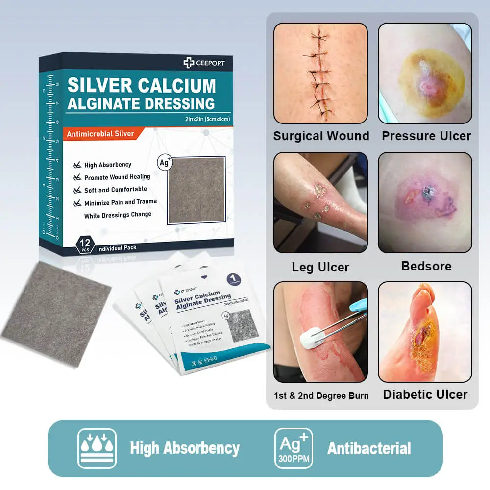 Silver ion alginate dressing is suitable for various wounds, such as surgical wound, pressure ulcer, leg ulcer, bedsore, diabetic ulcer and so on