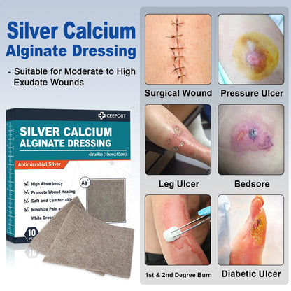 Silver ion alginate dressing is suitable for various wounds, such as surgical wound, pressure ulcer, leg ulcer, bedsore, diabetic ulcer and so on