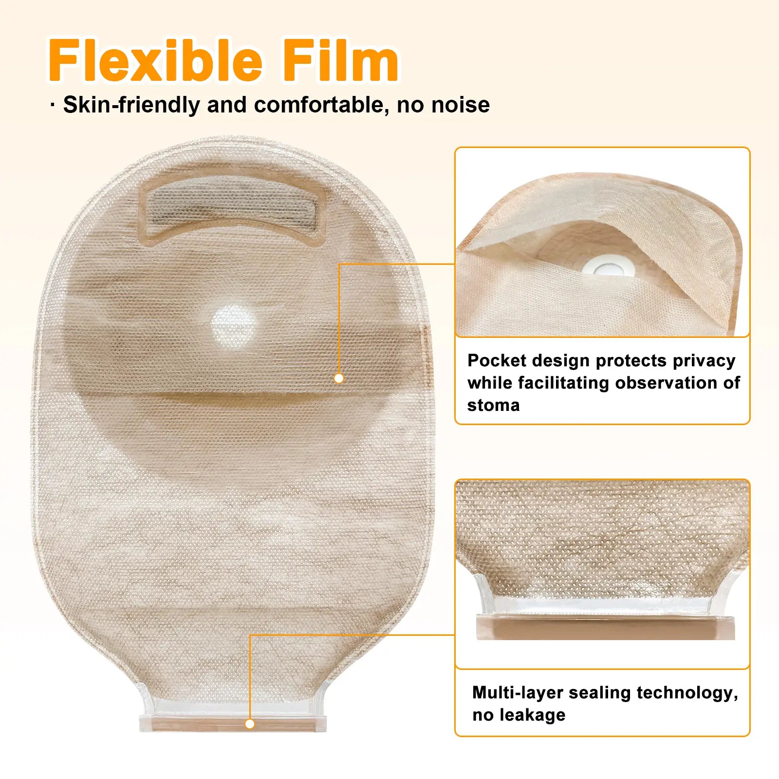 skin-friendly and comfortable ostomy bag with flexible film and multi-layer sealing